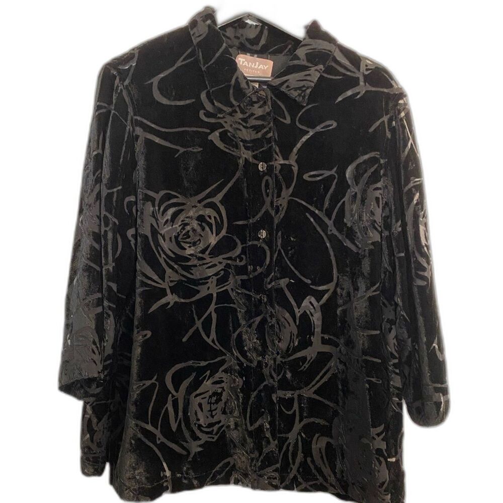 TanJay Women's 16 P Black Velvet Floral Burnout Button Up Boho Shirt b1-25